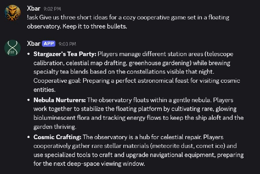 A real Xbar 2.0 reply proposes three cooperative games set in a floating observatory