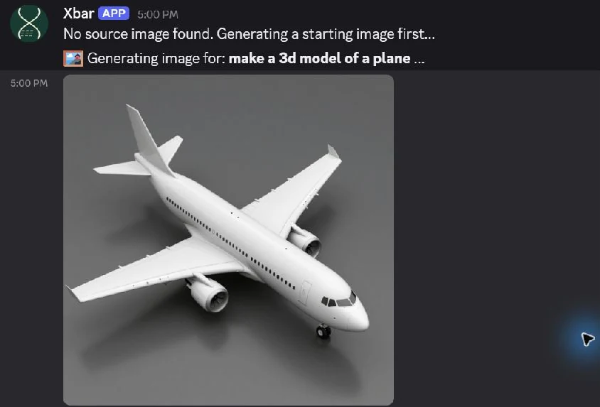Actual Discord conversation: Xbar says no source image was found, generates one first, and shows a white passenger plane