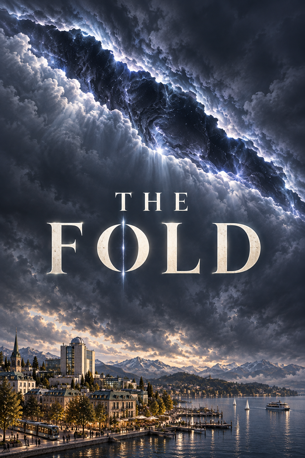 The Fold city cover: a vast tear across the sky above a lakeside research city, with no foreground character