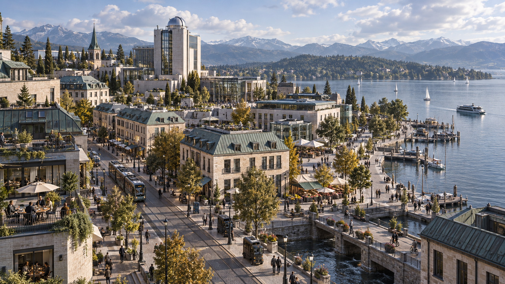 An Earth research city with a tram route, public quays and mountains beyond its lake
