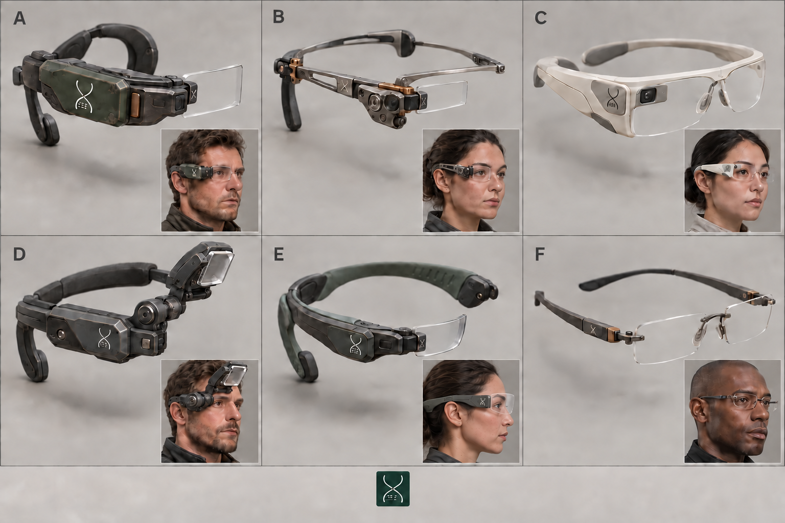 Six scouter design concepts with different frames, lenses and wearable proportions