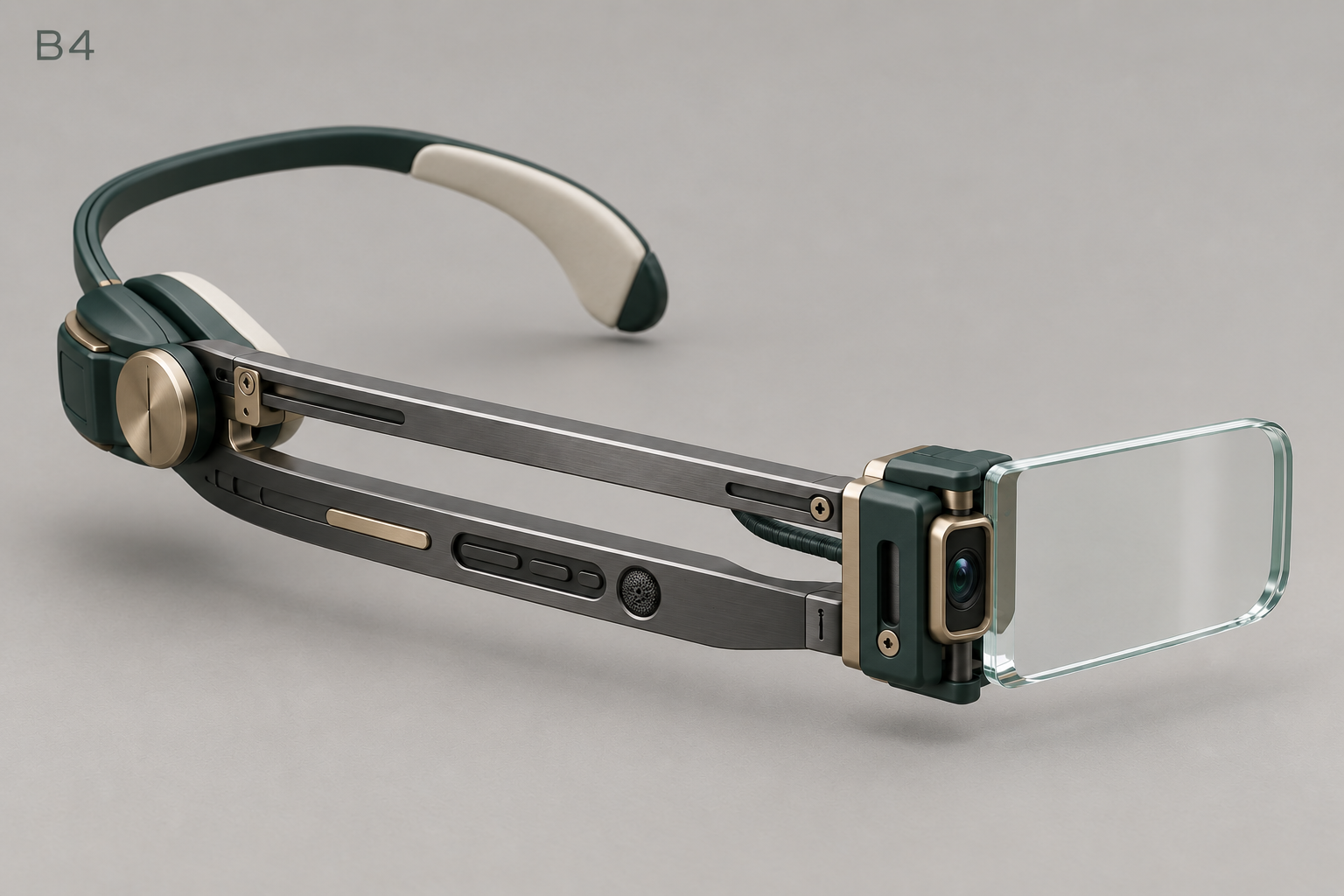 A scouter design study with parallel metal instrument rails, a glass display and an adjustable headband