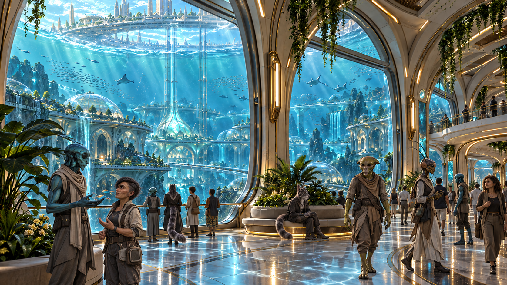 Residents gather in a bright underwater observation concourse beneath Vaelora’s ring city