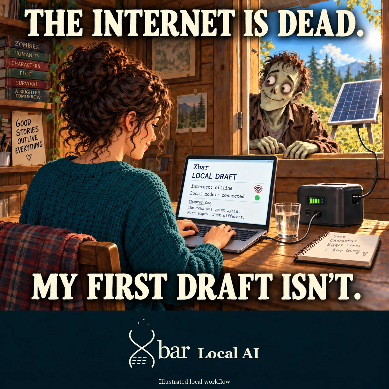 A fictional writer is seen over her right shoulder in a sunlit cabin. Her two hands reach the laptop keyboard in front of her, with the hinge behind the keys and the inward-facing screen aligned to her gaze. Xbar Local Draft shows Internet: offline and Local model: connected. A friendly zombie watches from the window. A solar panel connects to a battery, and a separate cable enters the laptop base. Text: The internet is dead. My first draft isn't.