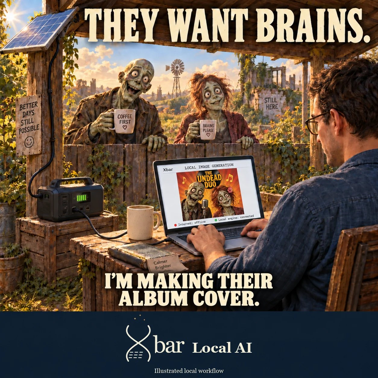 A fictional spectacled man makes an album cover for the two friendly zombies waiting behind a fence with their own cups. His inward-facing laptop shows Xbar, LOCAL IMAGE GENERATION, a completed colorful portrait cover titled THE UNDEAD DUO, red Internet: offline and green Local engine: connected labels. The same sunlit panel, battery and separate laptop power cable remain. Headline: THEY WANT BRAINS. Punchline: I’M MAKING THEIR ALBUM COVER.