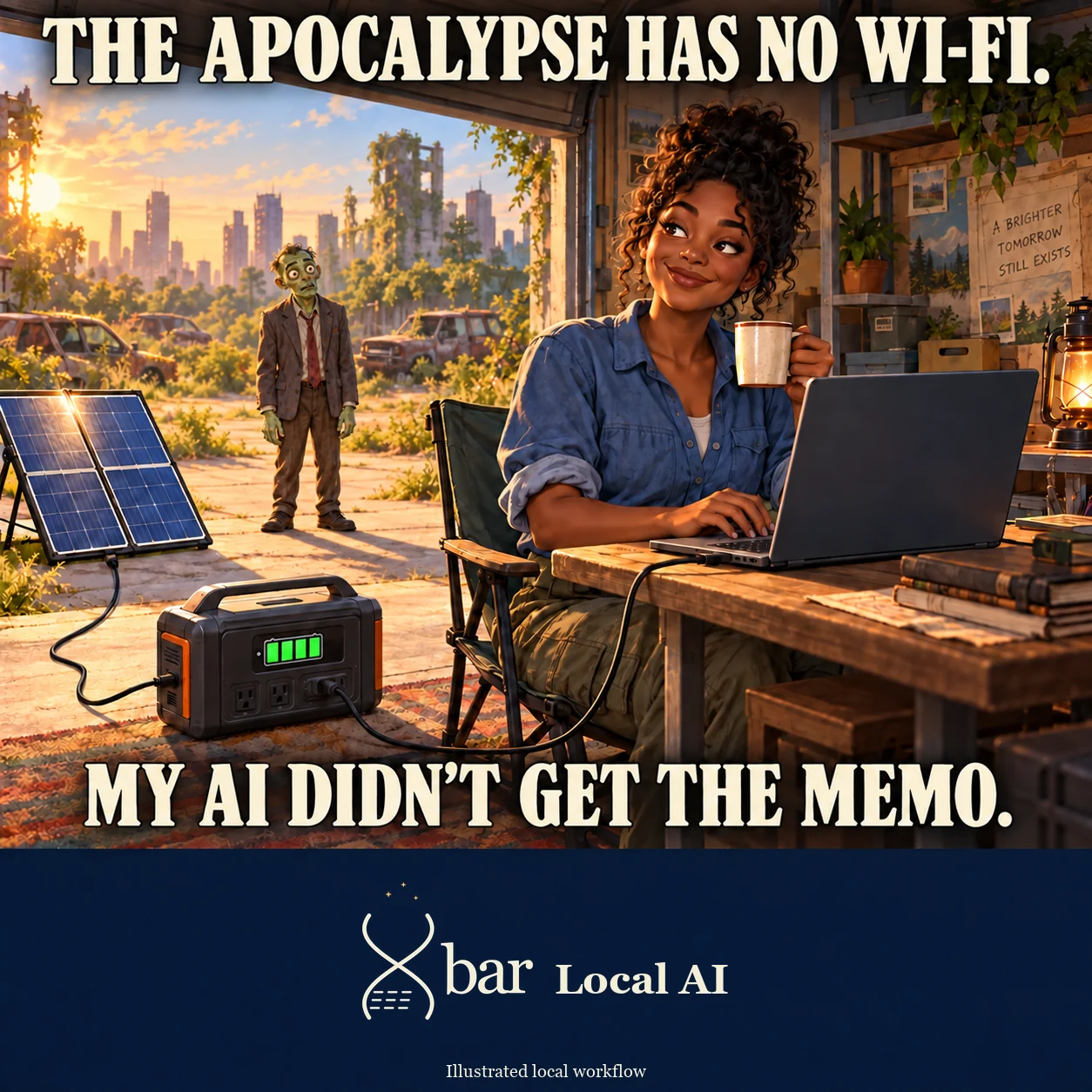A smiling fictional woman holds a mug and types on a correctly oriented plain laptop in a garage. The friendly suited zombie now stands farther outside on the sunlit driveway, with two complete shoes, natural ground shadows and clear space between him, the solar panel and the doorway furniture. The panel-to-battery and battery-to-laptop connections remain visible. Text: THE APOCALYPSE HAS NO WI-FI. MY AI DIDN’T GET THE MEMO.
