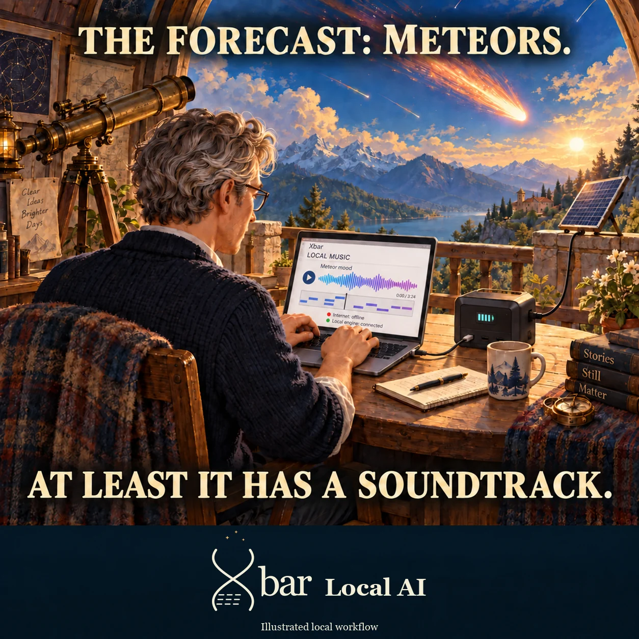In a warmly lit observatory a fictional silver-haired man uses an inward-facing laptop while an exaggerated distant meteor streak crosses the sky. Xbar LOCAL MUSIC shows Meteor mood, a completed waveform, note timeline and play control, with red Internet: offline and green Local engine: connected labels. Sunlight reaches the panel connected to the battery, and a separate output cable powers the laptop. Headline: THE FORECAST: METEORS. Punchline: AT LEAST IT HAS A SOUNDTRACK.