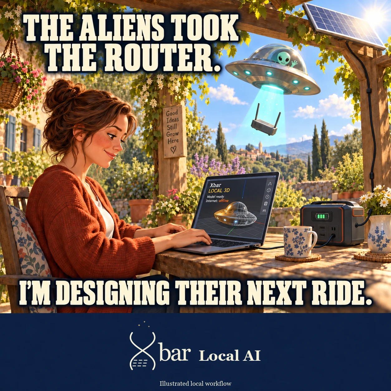 A fictional woman uses Xbar’s illustrated local 3D workflow to create a spaceship model on her inward-facing laptop screen. Friendly aliens beam up a disconnected router outdoors. Saucer highlights and the translucent beam match the sunny garden lighting. A solar panel feeds a battery, which powers the laptop. Text: The aliens took the router. I’m designing their next ride.