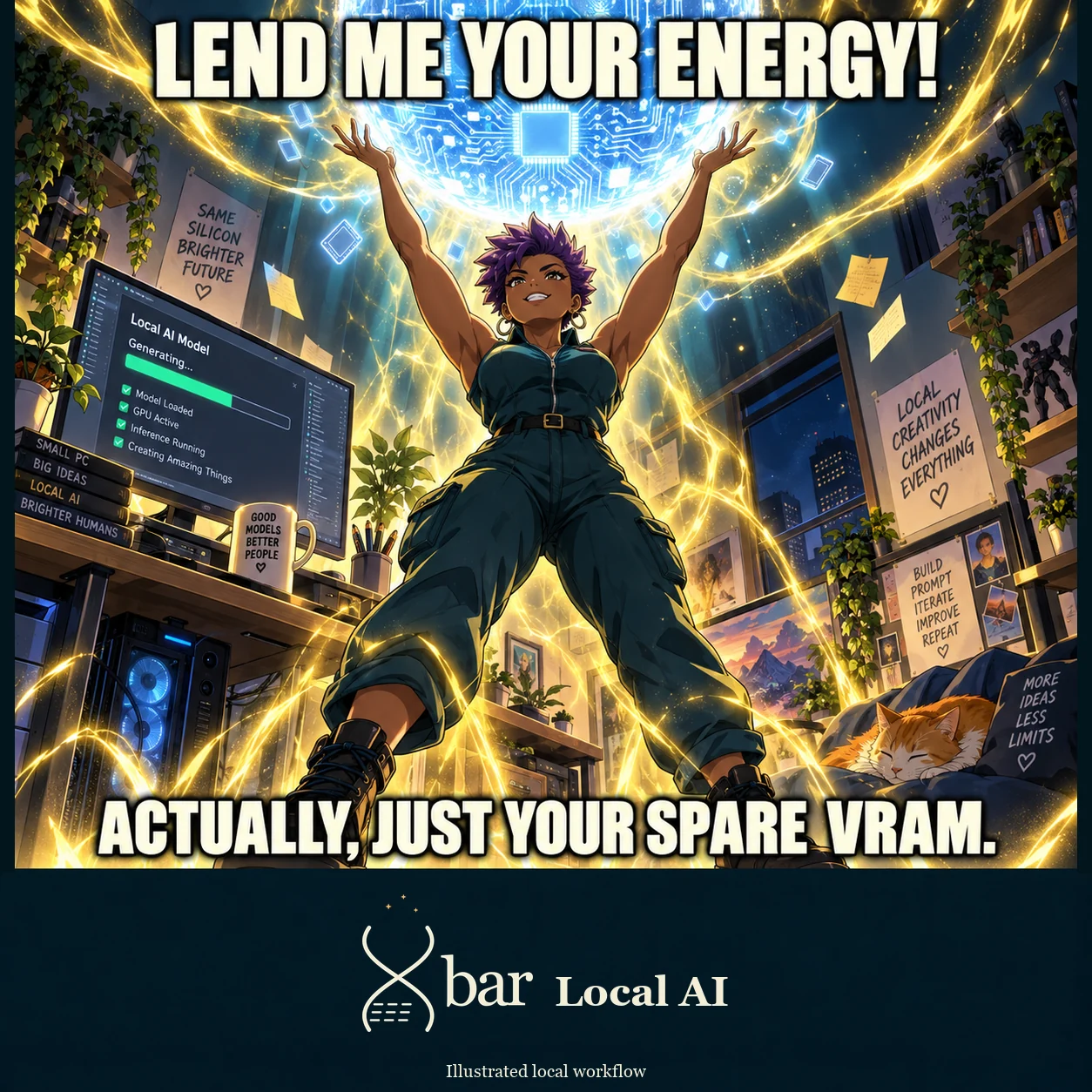 An original anime heroine lifts both hands toward a huge glowing circuit orb above her, with her desktop nearby. Headline: LEND ME YOUR ENERGY! Punchline: ACTUALLY, JUST YOUR SPARE VRAM. Original Xbar Local AI footer.