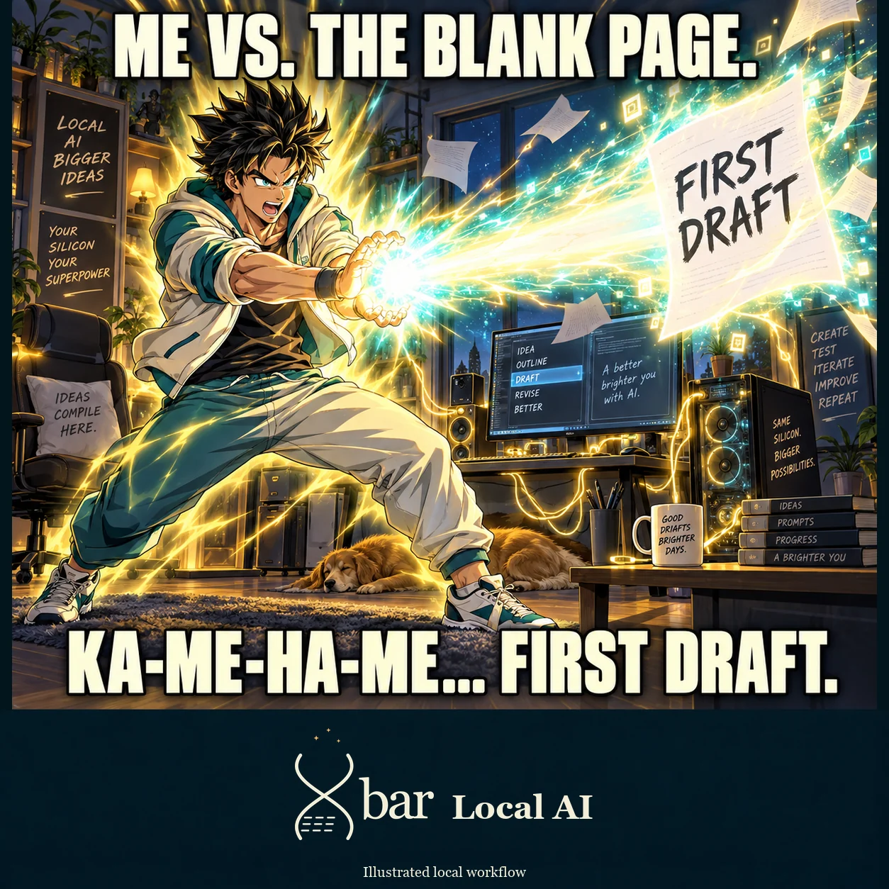 An original anime creator cups both hands to send a symbolic energy beam toward a page labeled FIRST DRAFT in a home studio. Headline: ME VS. THE BLANK PAGE. Punchline: KA-ME-HA-ME... FIRST DRAFT. Original Xbar Local AI footer.