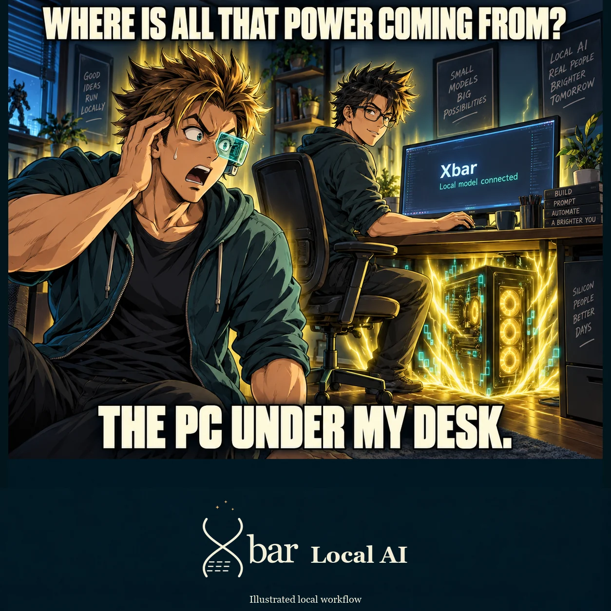 A surprised fictional anime friend wears a one-eye power scanner while a calm maker uses Xbar at a desk. A desktop tower glows beneath it. Headline: WHERE IS ALL THAT POWER COMING FROM? Punchline: THE PC UNDER MY DESK. Original Xbar Local AI footer.