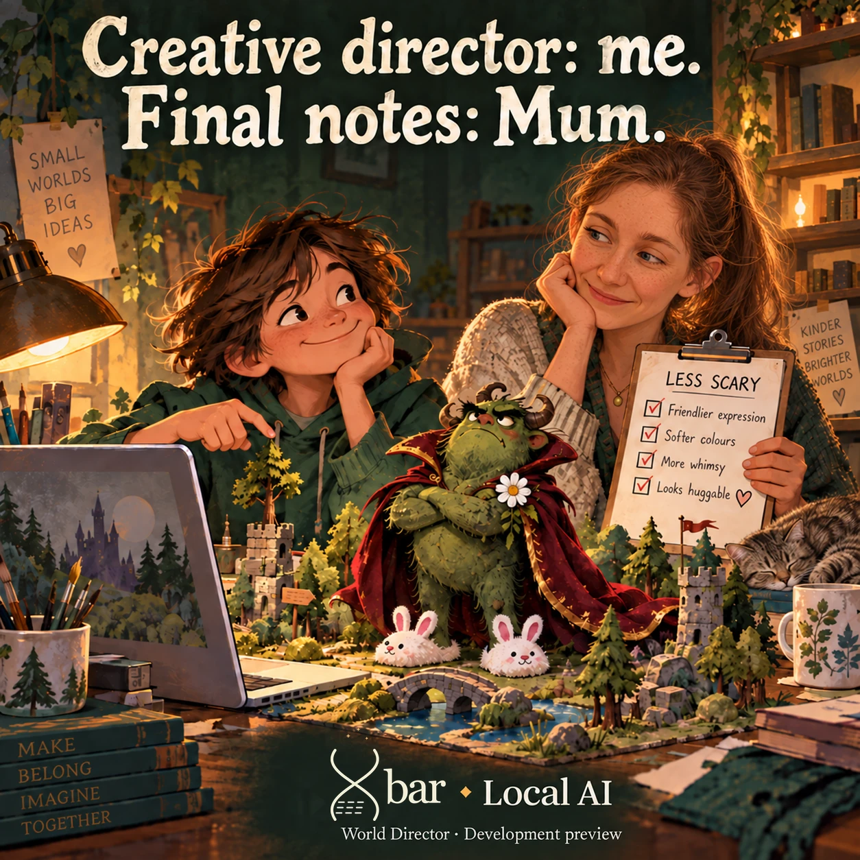 A child builds a miniature fantasy world while a mother with light-brown hair in a ponytail, freckles and light eyes holds a LESS SCARY checklist asking for a friendlier expression, softer colours, more whimsy and a huggable creature. The creature wears bunny slippers, and a warm gray-and-tan striped cat sleeps nearby. Encouraging book titles and wall notes remain. Headline: Creative director: me. Final notes: Mum. A full three-spark Xbar logo and Local AI footer sit above World Director · Development preview.