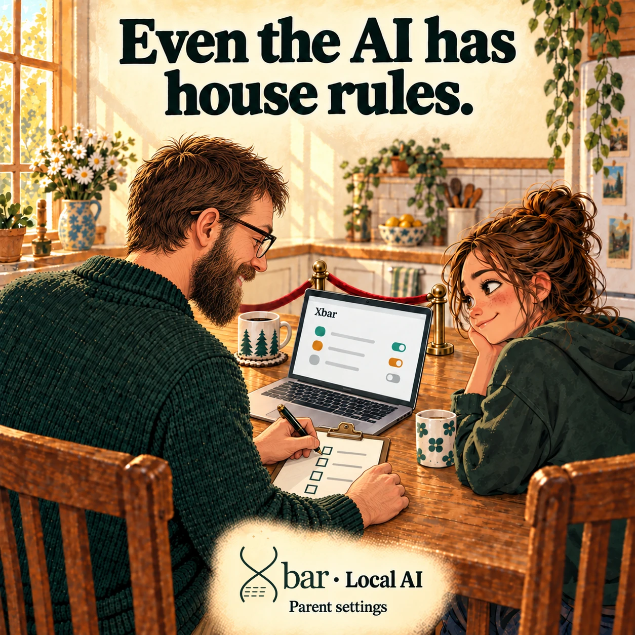 The owner, with short brown hair, a brown beard and browline glasses, writes with his left hand on a face-up clipboard while his right hand steadies it. A fictional daughter sits beside him at the kitchen table. The laptop shows Xbar parent settings. The original Xbar Local AI footer and Parent settings label remain.