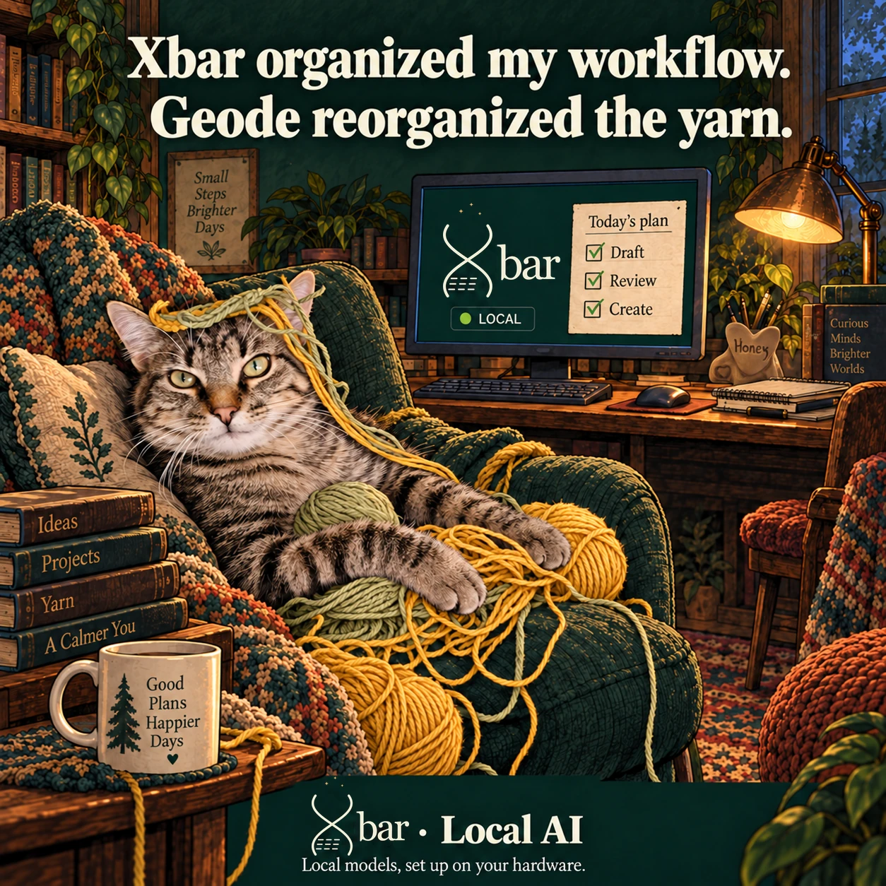 Geode lounges with a deadpan expression and loose sage and mustard yarn draped over his striped head and front paws. A background desktop shows Xbar, LOCAL and a short plan. A small tan heart-front stump container holds pencils behind the monitor. Headline: Xbar organized my workflow. Geode reorganized the yarn. Full three-spark Xbar Local AI footer with local-model setup qualifier.