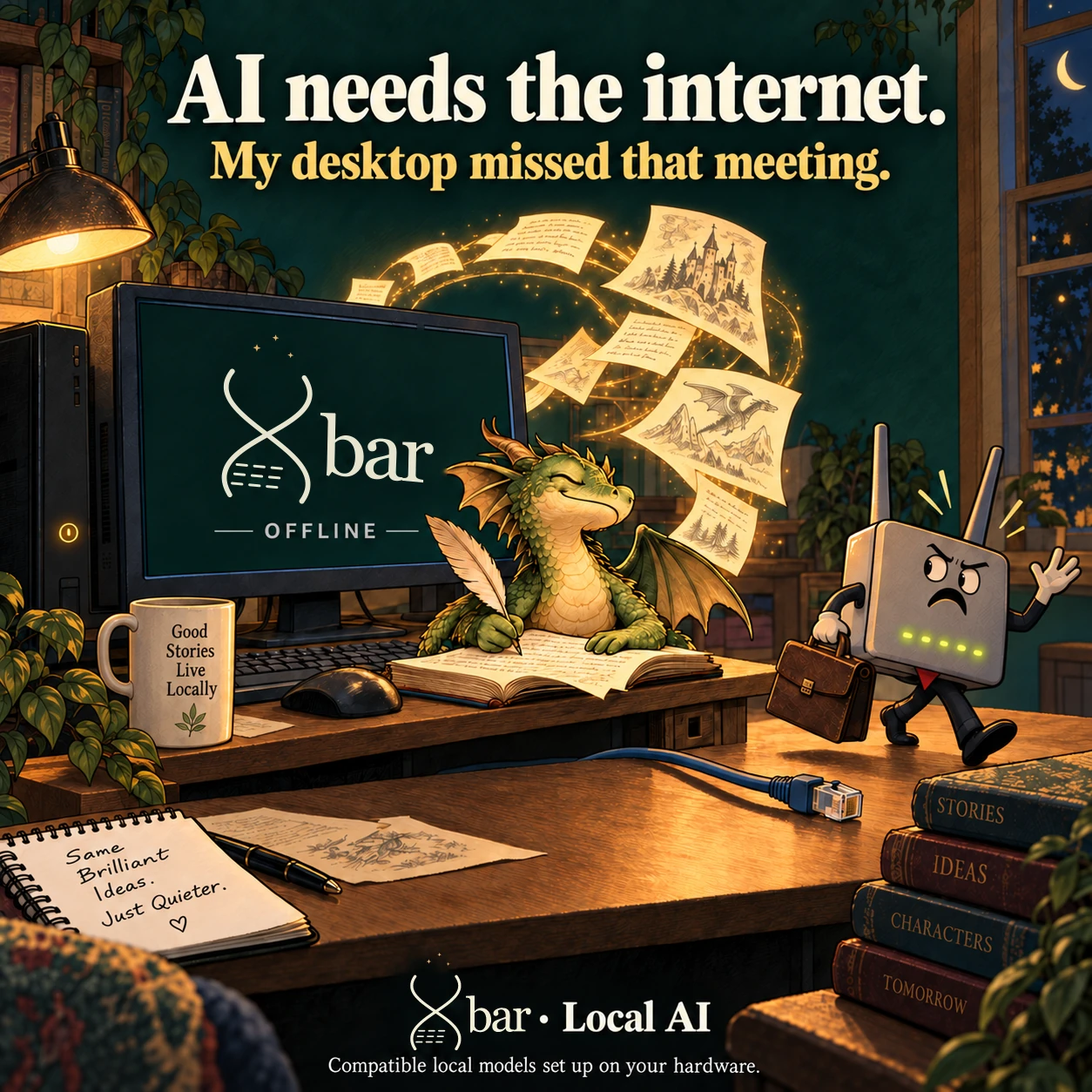 Headline: AI needs the internet. My desktop missed that meeting. A smug dragon writes beside an unbranded desktop showing the full Xbar logo and OFFLINE as story pages swirl above it. An offended router with a briefcase walks away. Warm forest-and-gold study with ordinary books and desk objects. Full three-spark Xbar · Local AI footer; qualifier: Compatible local models set up on your hardware.