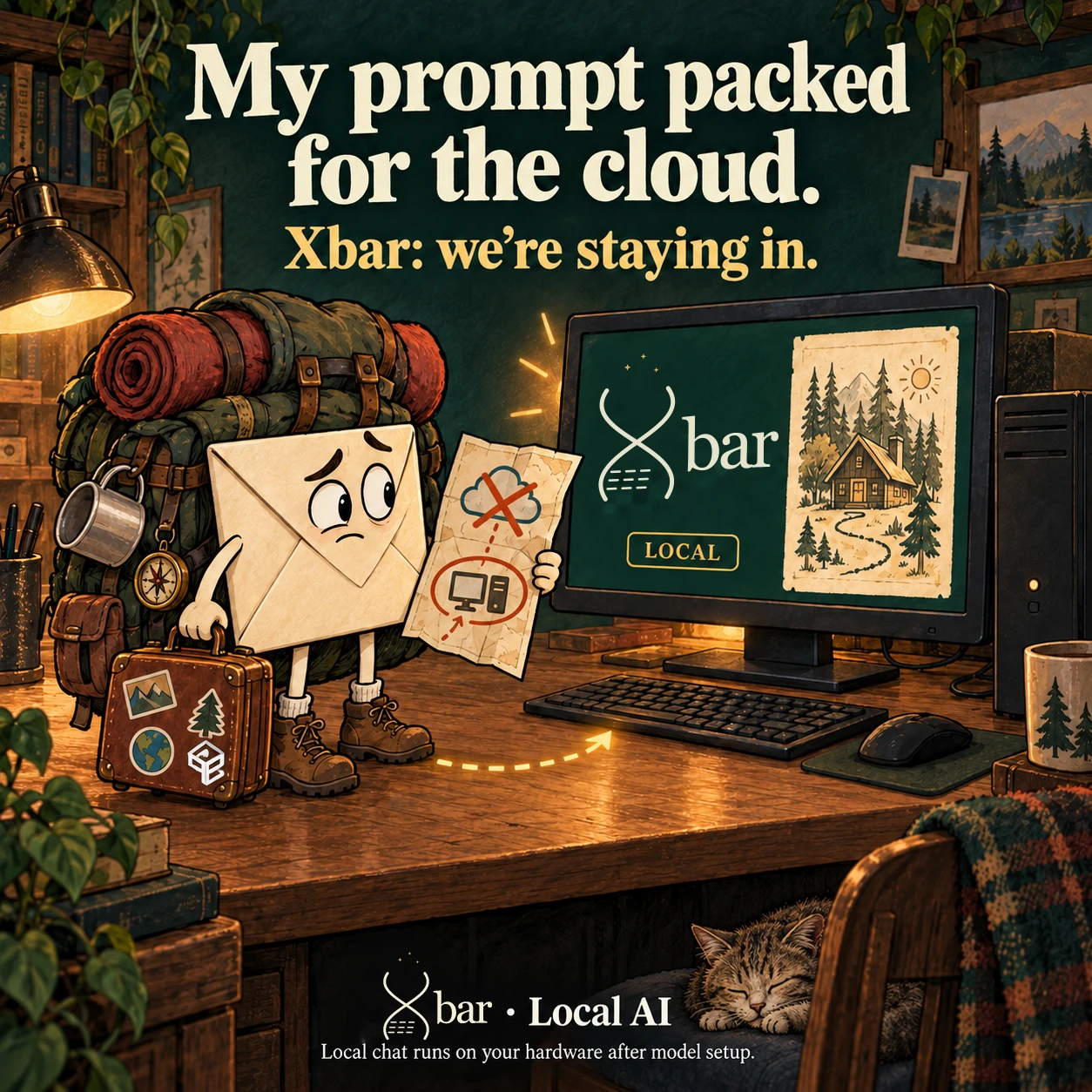 Headline: My prompt packed for the cloud. Xbar: we're staying in. An envelope character with two hands and two legs carries an expedition backpack, map and suitcase with a small 42 Crafts sticker. Its dotted route ends at a nearby unbranded desktop displaying Xbar and LOCAL. Geode, a warm gray-and-tan tabby with a pale muzzle and pink nose, sleeps on the chair. Full three-spark Xbar · Local AI footer; qualifier: Local chat runs on your hardware after model setup.