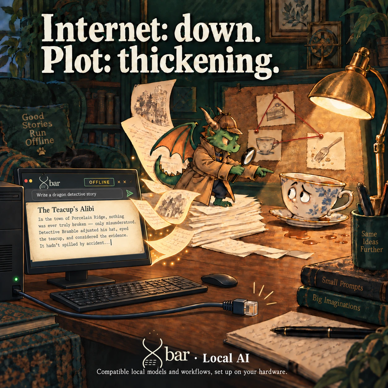 A two-armed dragon detective examines a suspicious teacup while Xbar software on a generic desktop writes The Teacup's Alibi. The screen shows a writing prompt, manuscript and OFFLINE indicator; a glowing page ribbon connects it to the dragon story, and an unplugged Ethernet cable lies beside the keyboard. A dark sleeping cat rests behind the monitor. Headline: Internet: down. Plot: thickening. The footer shows the full three-spark Xbar logo, Local AI and the compatible-models-and-workflows setup qualifier.