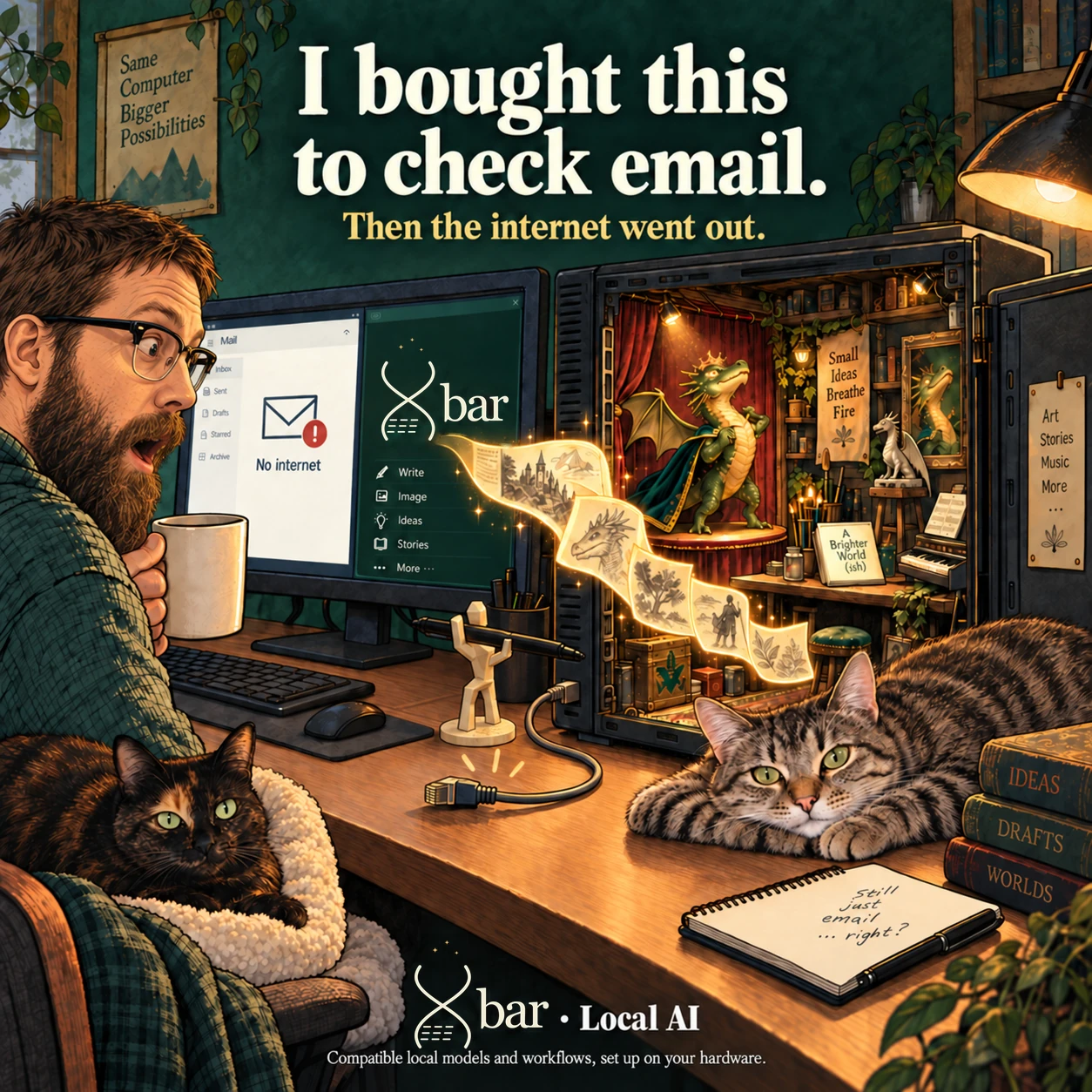 The owner, illustrated from his reference with short brown hair, full beard and browline glasses, reacts with surprise to a desktop creative studio running offline. Geode and Comet rest nearby. One small ivory faceted figure naturally holds a black pen on the desk. Water Heart is removed. The original headline, offline cue, Xbar software mark and full three-spark Xbar Local AI footer remain.