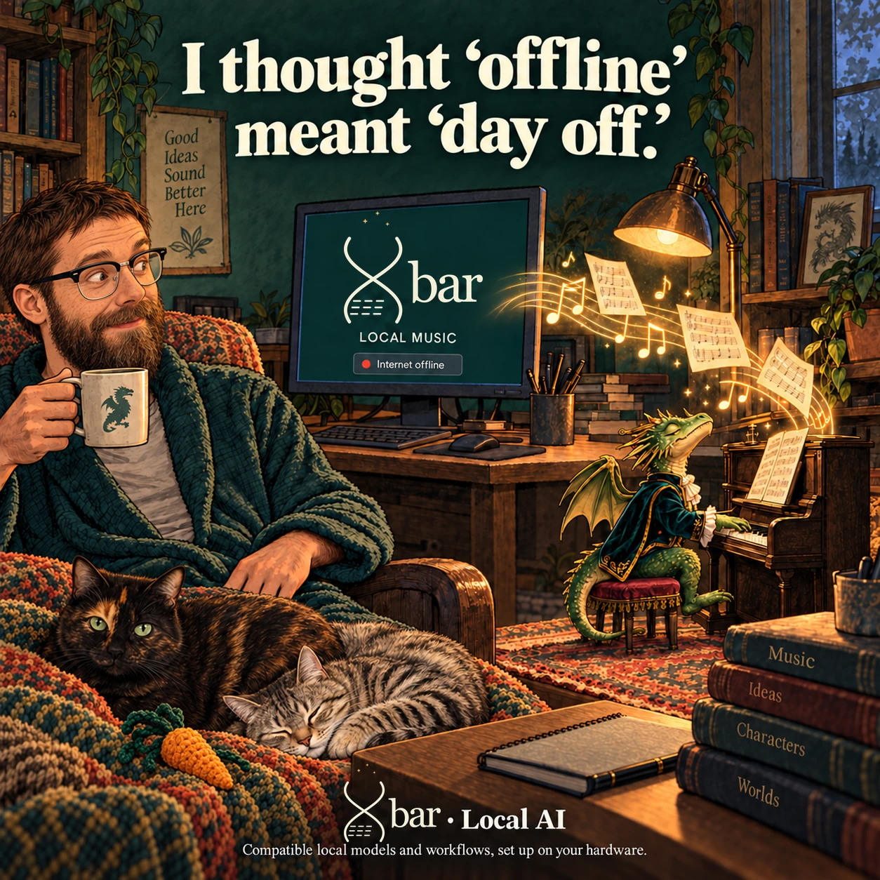 The owner, illustrated with his actual short brown hair, long beard and browline glasses, relaxes with a mug while a two-armed dragon plays piano beside Xbar local music. Comet and Geode nap on the blanket beside a small crocheted carrot. The repeated Water Heart and blueberry are removed. Headline: I thought offline meant day off. The full three-spark Xbar Local AI footer and setup qualifier remain.