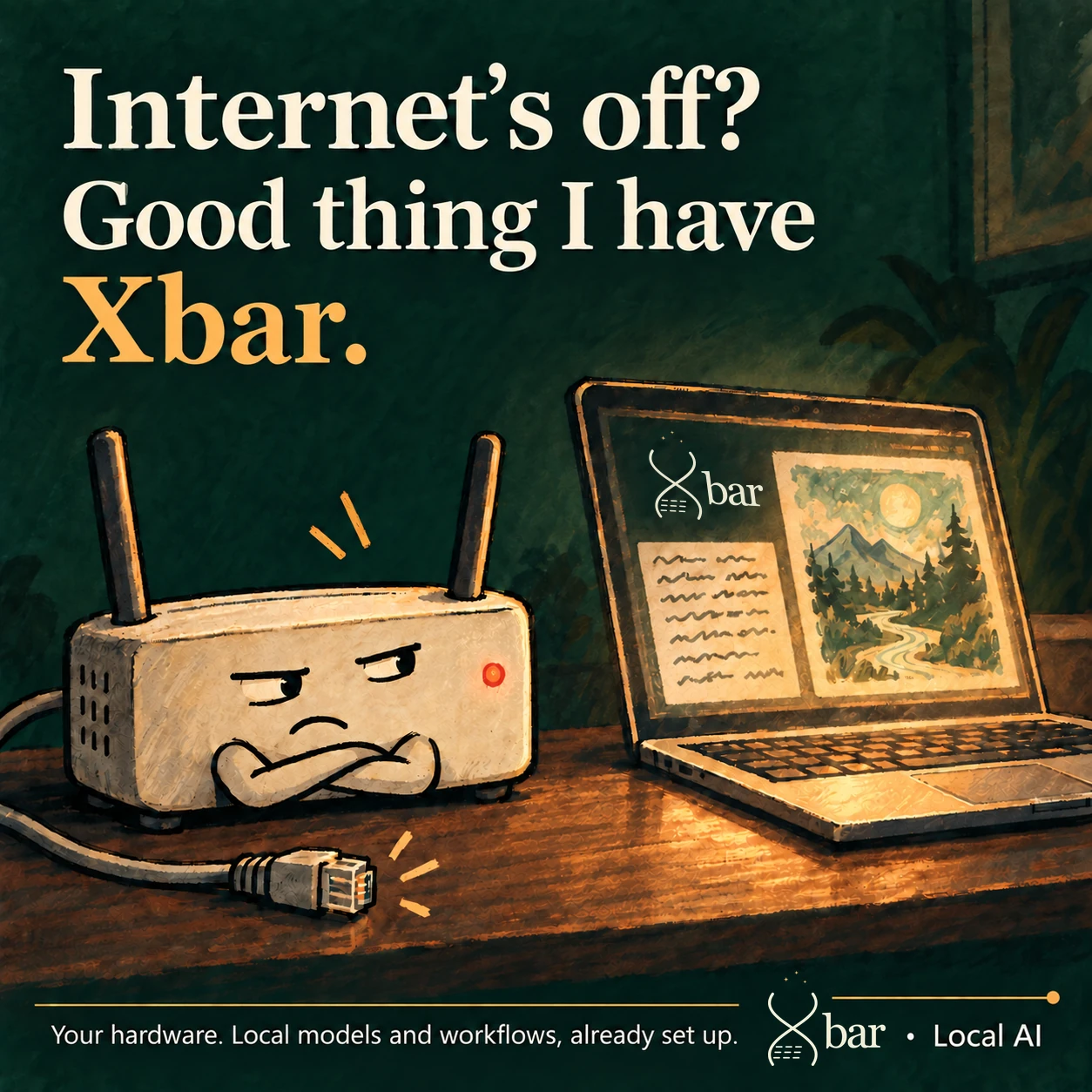 A sulking router folds its two arms beside an unplugged Ethernet cable while Xbar software continues a creative project on a laptop. Headline: Internet's off? Good thing I have Xbar. The wood desk is clear of craft signs and holders. The footer carries the full three-spark Xbar logo, Local AI, and Your hardware. Local models and workflows, already set up.