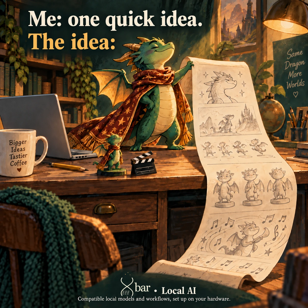 A proud two-armed dragon in a scarf holds a long production-plan scroll showing story art, animation poses, small 3D figures and music. A generic unbranded laptop, mug and dragon figurine sit on the desk against ordinary bookshelves. Headline: Me: one quick idea. The idea: A full three-spark Xbar logo, Local AI and a compatible-local-workflows setup qualifier appear at the bottom.