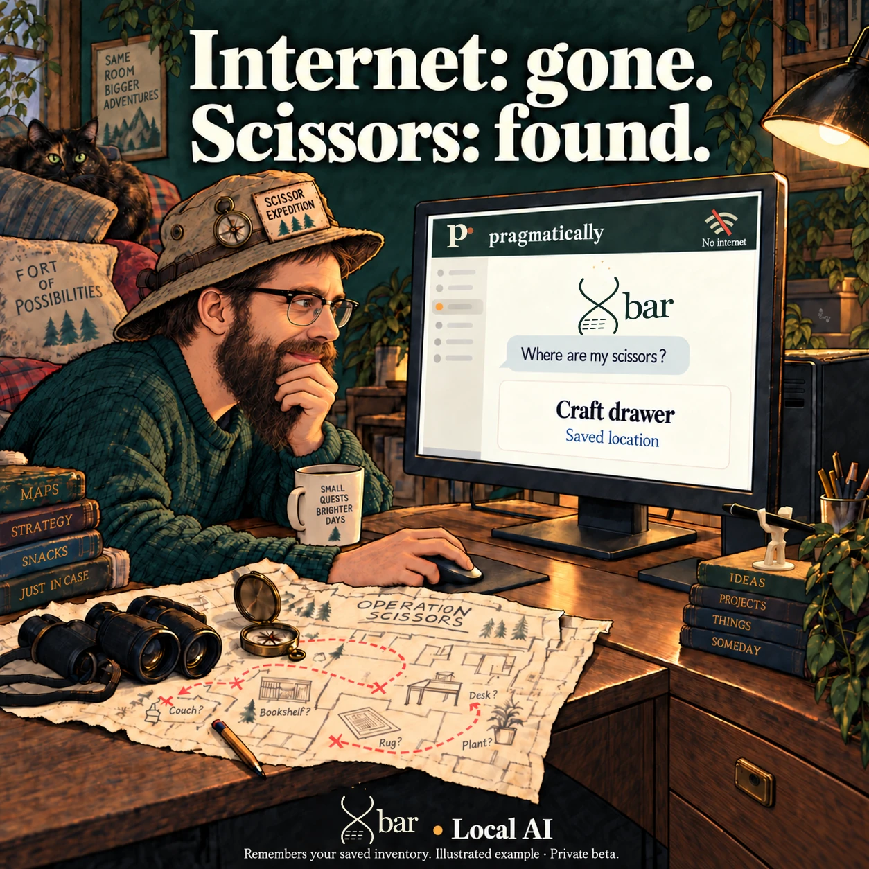 Internet: gone. Scissors: found. A painted likeness of the user, with a full brown beard and browline glasses, wears an explorer hat at a desktop, one hand at his chin and one at the mouse. In Pragmatically, the separate Xbar assistant answers Where are my scissors? with Craft drawer and Saved location. A small crochet carrot lies beside scissors in the open drawer. A tiny ivory faceted figure supports a black pen on the right book stack. Dark black-and-copper green-eyed Comet perches on the chair. Full three-spark Xbar · Local AI footer; Remembers your saved inventory, Illustrated example and Private beta.