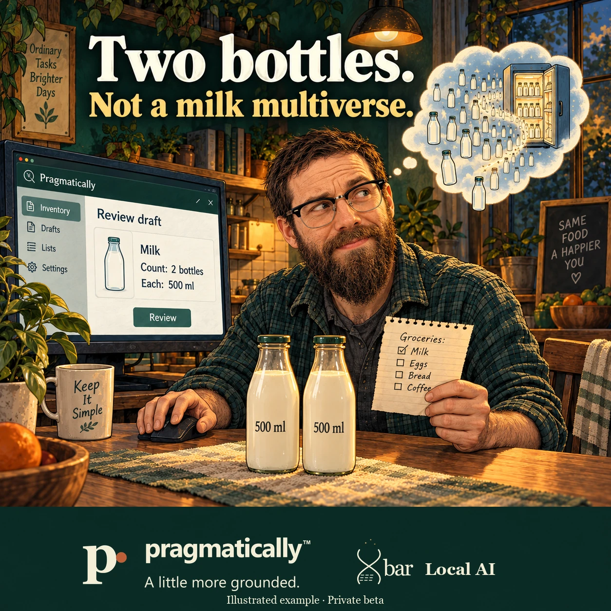 The owner sits beside exactly two milk bottles labeled 500 ml, with one hand on a mouse and the other holding a grocery note. Pragmatically shows a Review draft for Milk, Count: 2 bottles, Each: 500 ml. A separate thought cloud imagines countless bottles and an extra fridge. Headline: Two bottles. Not a milk multiverse.