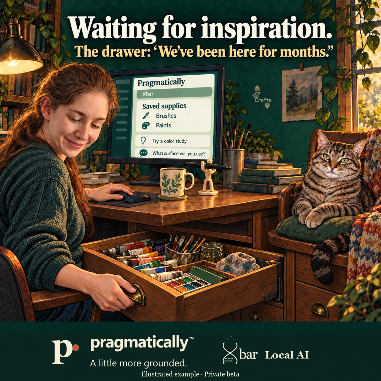 Lyniece gently opens a paint-supply drawer visibly supported by metal runners in a solid wooden cabinet beneath her desk. Her other hand uses the mouse; Geode sits on the cabinet-side chair. The illustrated Pragmatically screen lists saved brushes and paints and suggests a color study.