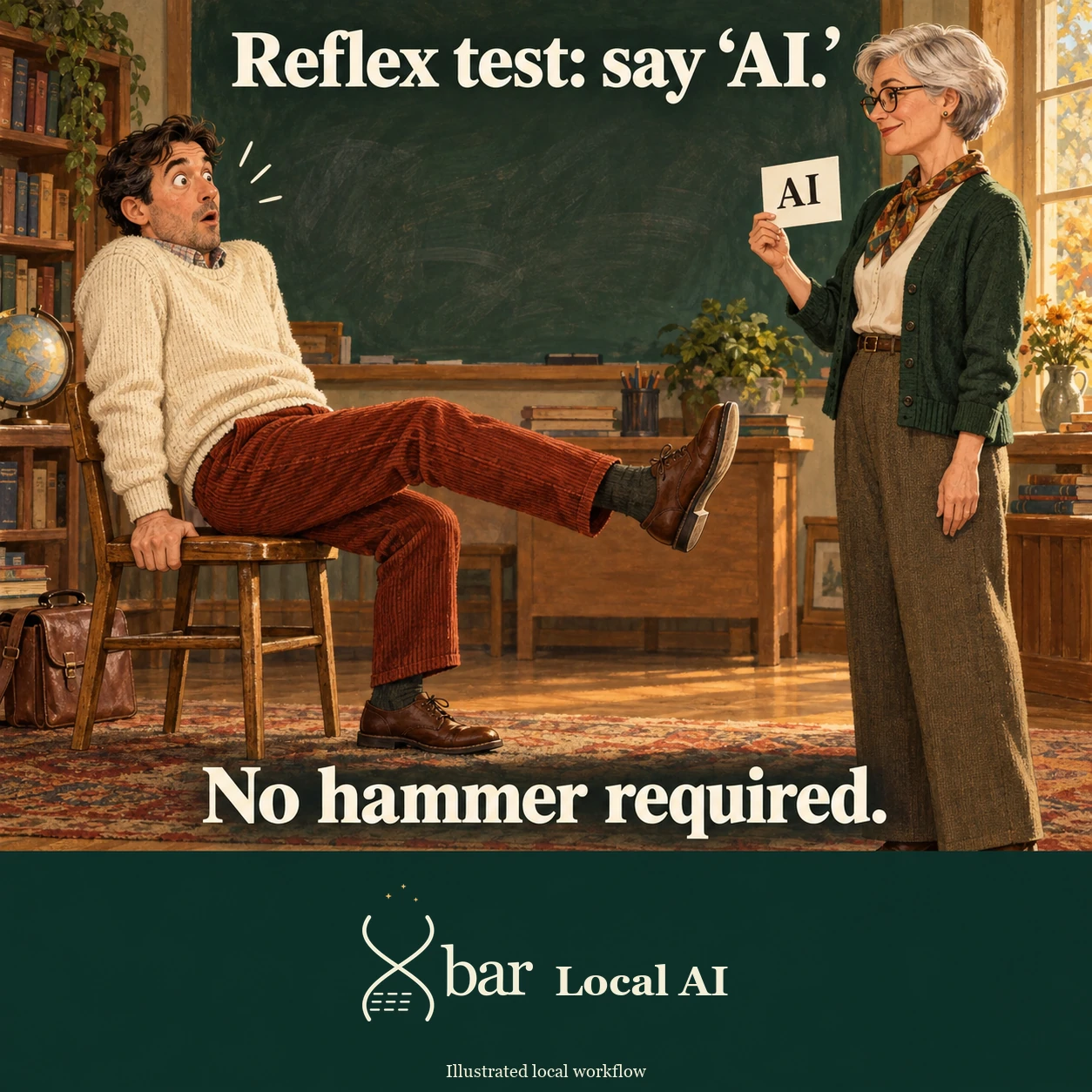 A startled fictional adult sits in a technology classroom with one connected leg kicked forward and the other foot grounded. A calm adult presenter holds a card reading AI. Text says Reflex test: say ‘AI.’ and No hammer required.