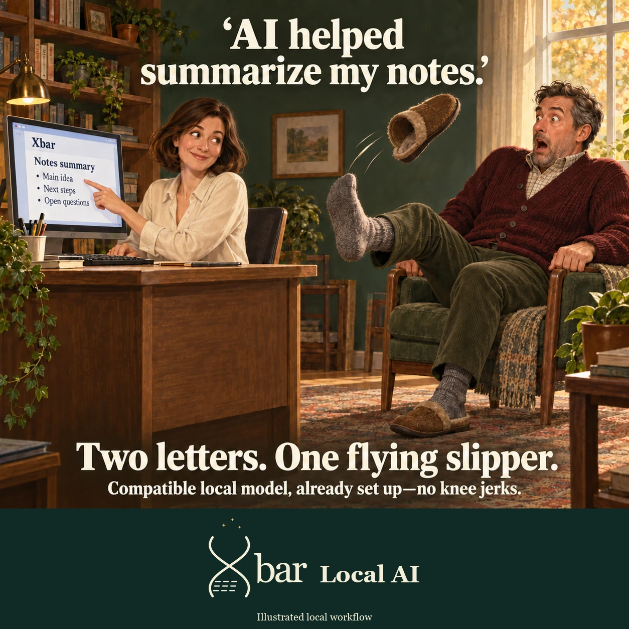 A fictional woman demonstrates an ordinary Xbar Notes summary on a desktop. Her startled friend kicks one connected socked leg forward, launching one visibly empty slipper into the air; his other slipper stays on his grounded foot. Headline: AI helped summarize my notes. Punchline: Two letters. One flying slipper. The small qualifier now reads Compatible local model, already set up—no knee jerks.