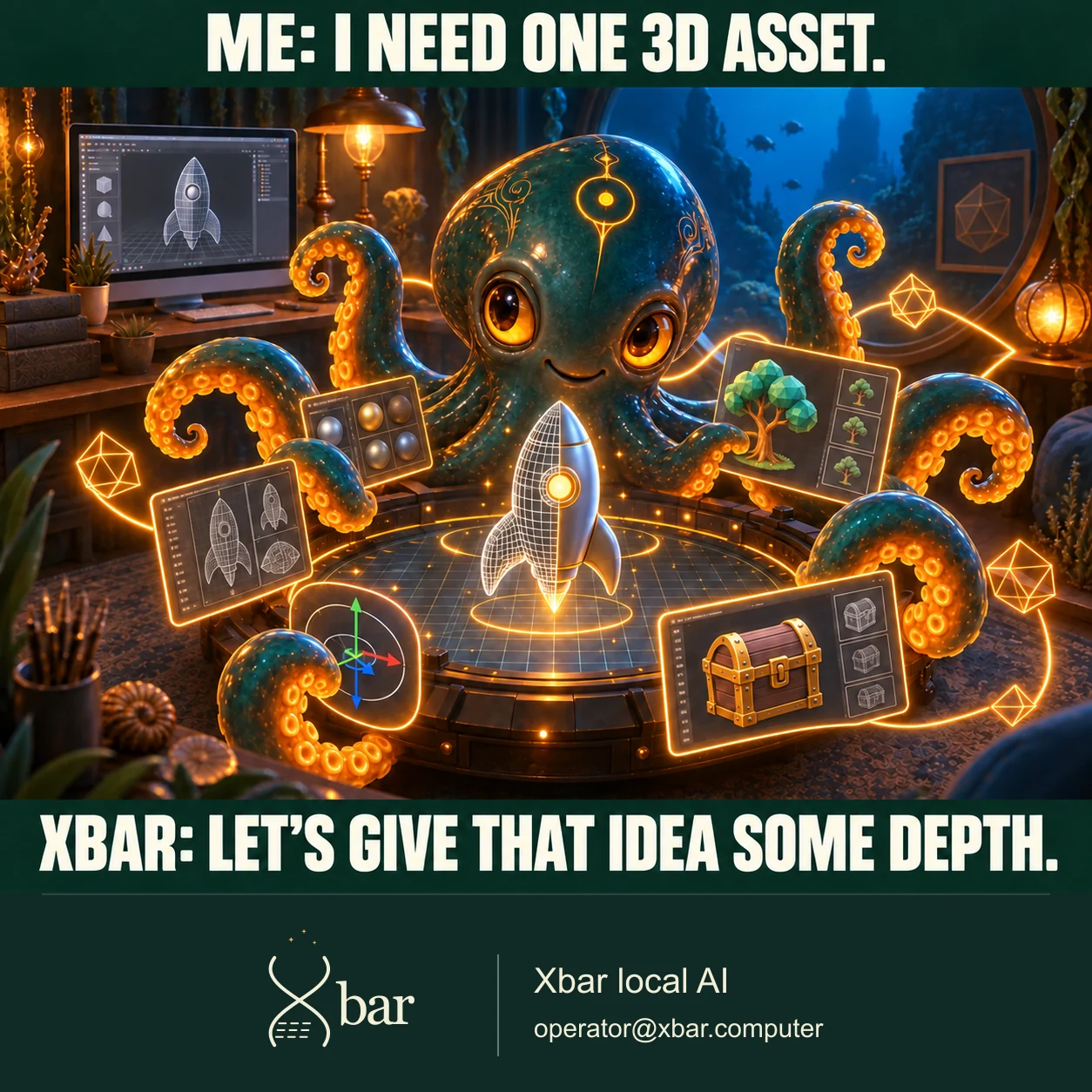 An eight-armed teal and amber octopus displays a digital 3D rocket, tree and treasure chest on modeling viewports. ME: I NEED ONE 3D ASSET. XBAR: LET’S GIVE THAT IDEA SOME DEPTH.