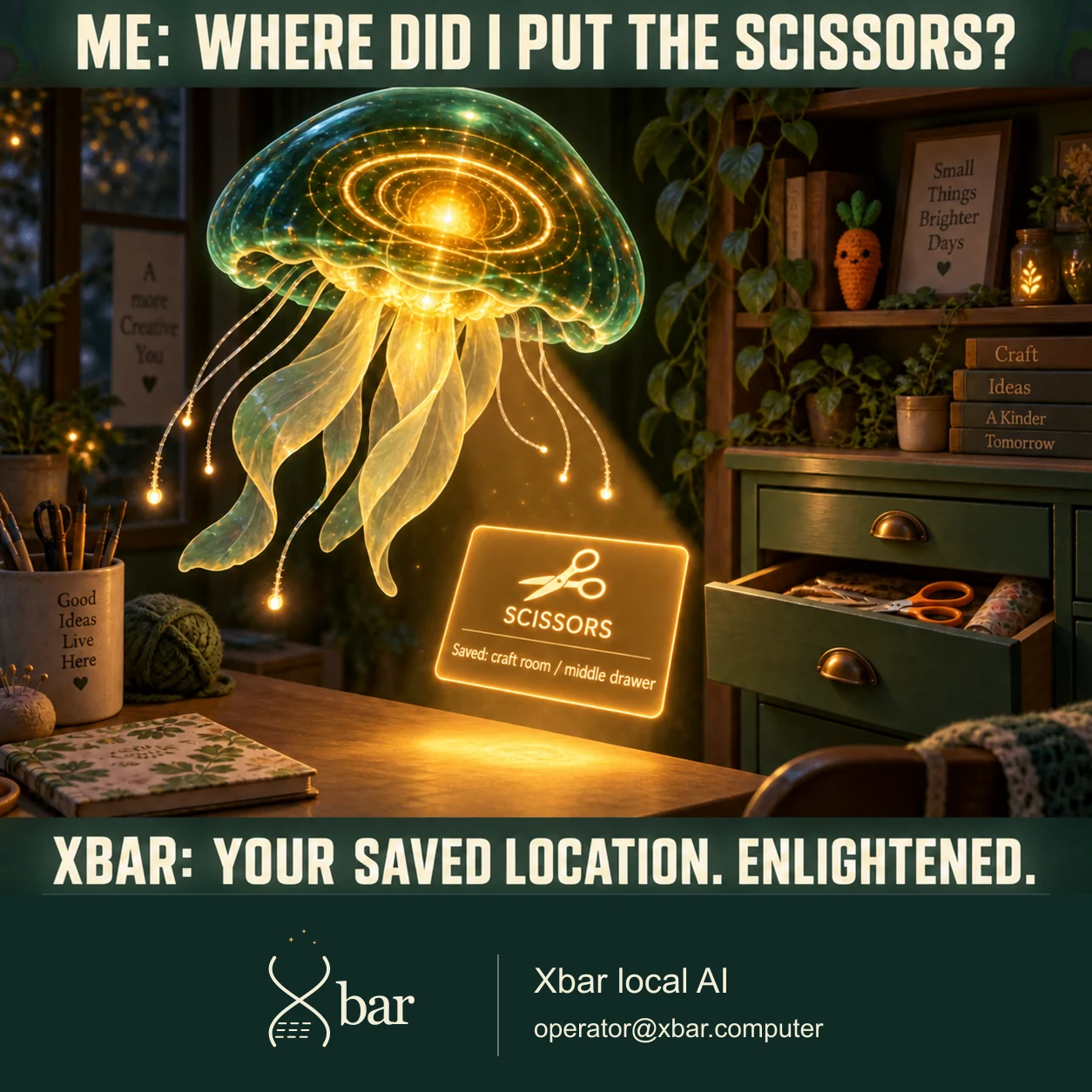 ME: WHERE DID I PUT THE SCISSORS? XBAR: YOUR SAVED LOCATION. ENLIGHTENED.