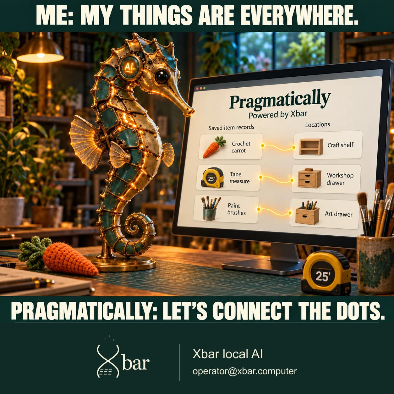 An original brass-and-teal seahorse beside a monitor labeled Pragmatically, Powered by Xbar. Crochet carrot connects to Craft shelf; Tape measure to Workshop drawer; Paint brushes to Art drawer. ME: MY THINGS ARE EVERYWHERE. PRAGMATICALLY: LET’S CONNECT THE DOTS.