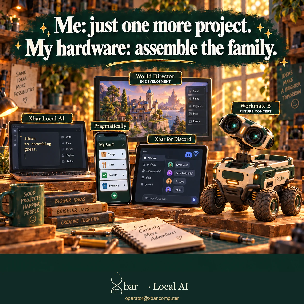 The family runs on possibility. Illustrated Xbar family with desktop creative tools, Pragmatically inventory, World Director in development, Xbar for Discord, and Workmate B concept.