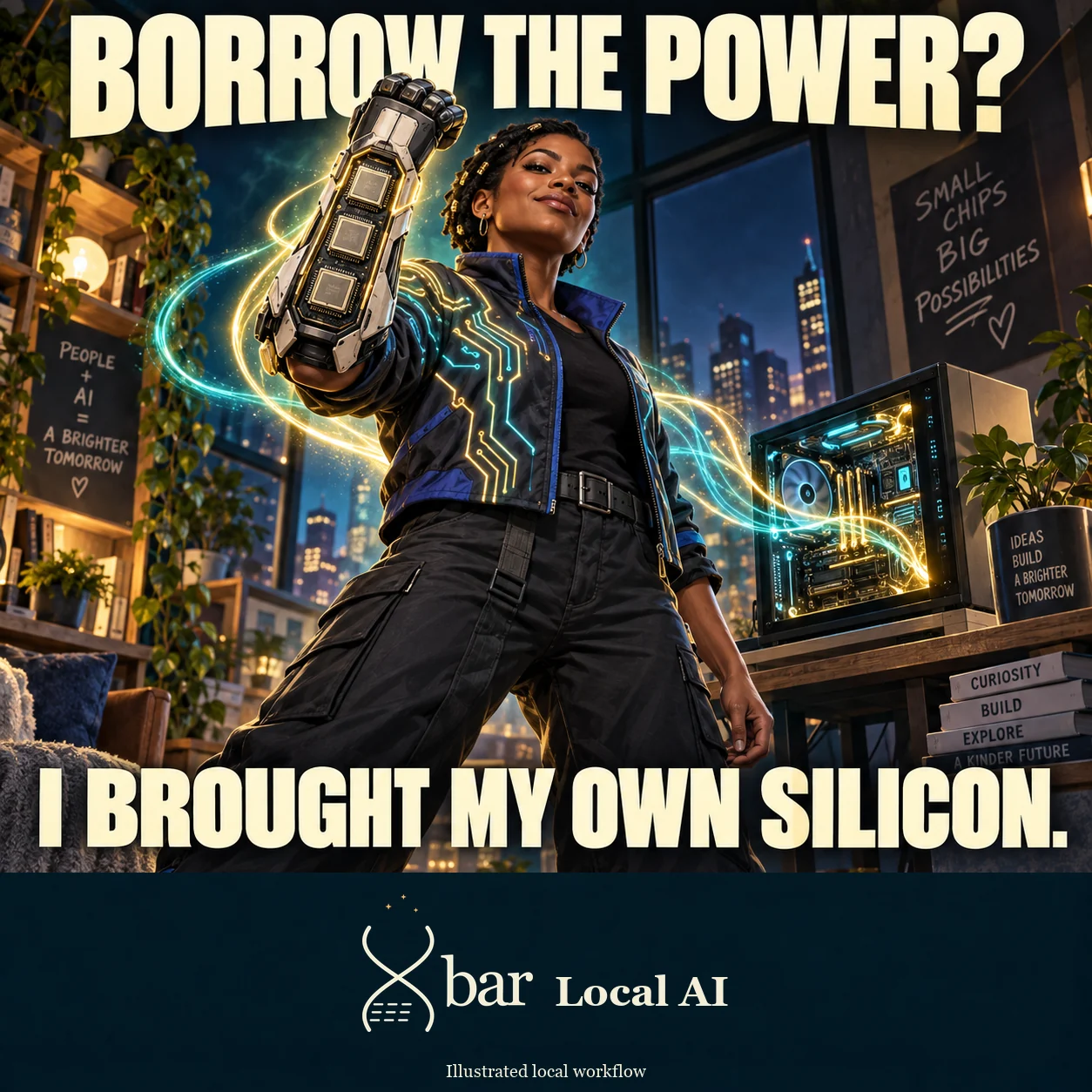 A fictional maker raises an original graphite power gauntlet with three square processor dies. Gold and teal circuit light flows from her desktop through her clothing. Text: Borrow the power? I brought my own silicon. Xbar Local AI.