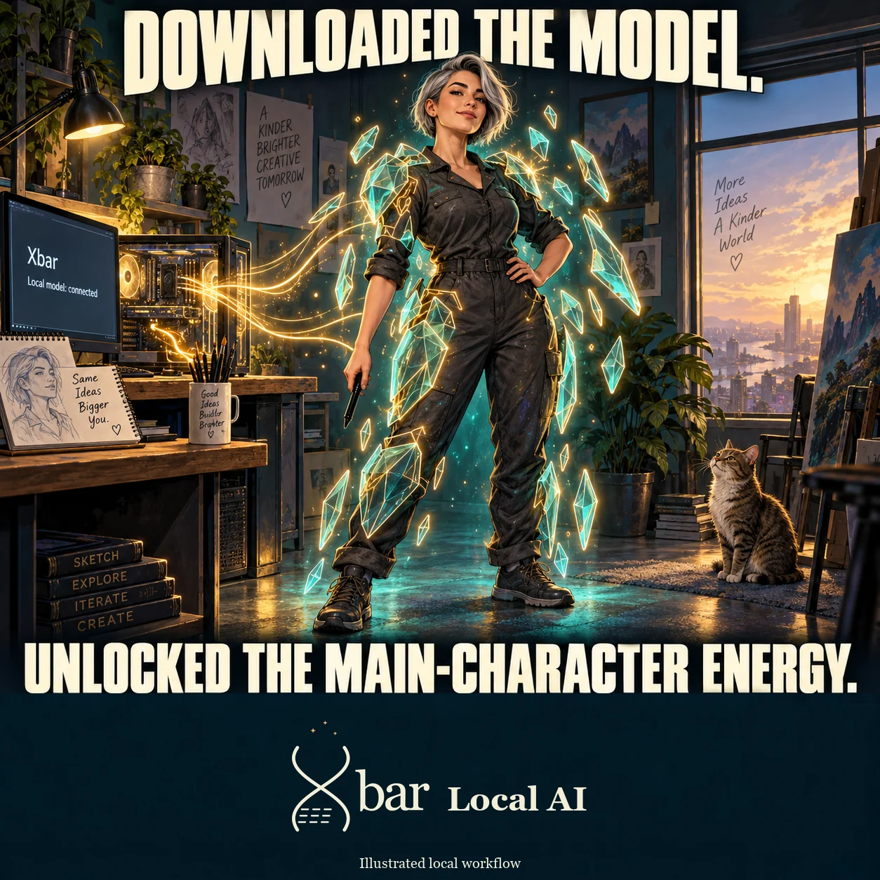 An original silver-bob adult artist stands confidently in a charcoal jumpsuit, one hand holding a stylus and the other on her hip, with two grounded boots. Abstract translucent teal circuit plates edged with gold assemble around her clothing. Symbolic golden light flows from visible silicon inside her desktop PC into the aura. A cat watches from the studio floor. The monitor uses plain Xbar text. Headline: DOWNLOADED THE MODEL. Punchline: UNLOCKED THE MAIN-CHARACTER ENERGY.