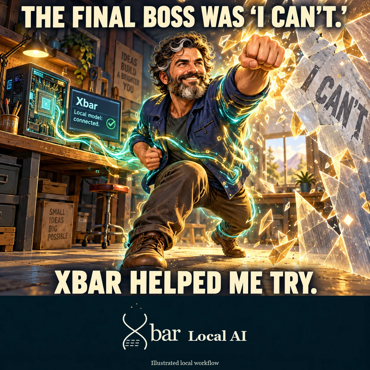 A fictional maker lunges through a symbolic glass wall labeled I CAN’T. Circuit light connects his desktop to an aura around his work clothes. Text: The final boss was I can’t. Xbar helped me try. Xbar Local AI.