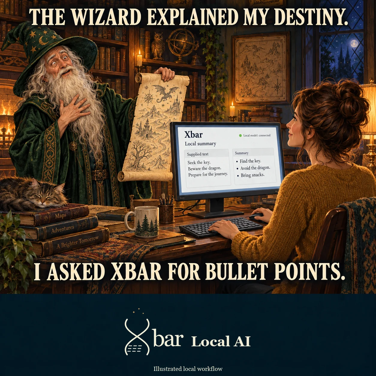 A theatrical fictional wizard in an emerald robe holds one illustrated scroll and rests his other hand against his chest in amused disbelief. A calm fictional woman in an ochre sweater sits at a desktop, one hand on the keyboard and one on the mouse. The inward-facing display reads Xbar, Local summary and Local model: connected; a Supplied text panel sits beside three summary bullets: Find the key. Avoid the dragon. Bring snacks. A sleepy cat rests on books in the warm lamplit study. Headline: THE WIZARD EXPLAINED MY DESTINY. Punchline: I ASKED XBAR FOR BULLET POINTS.