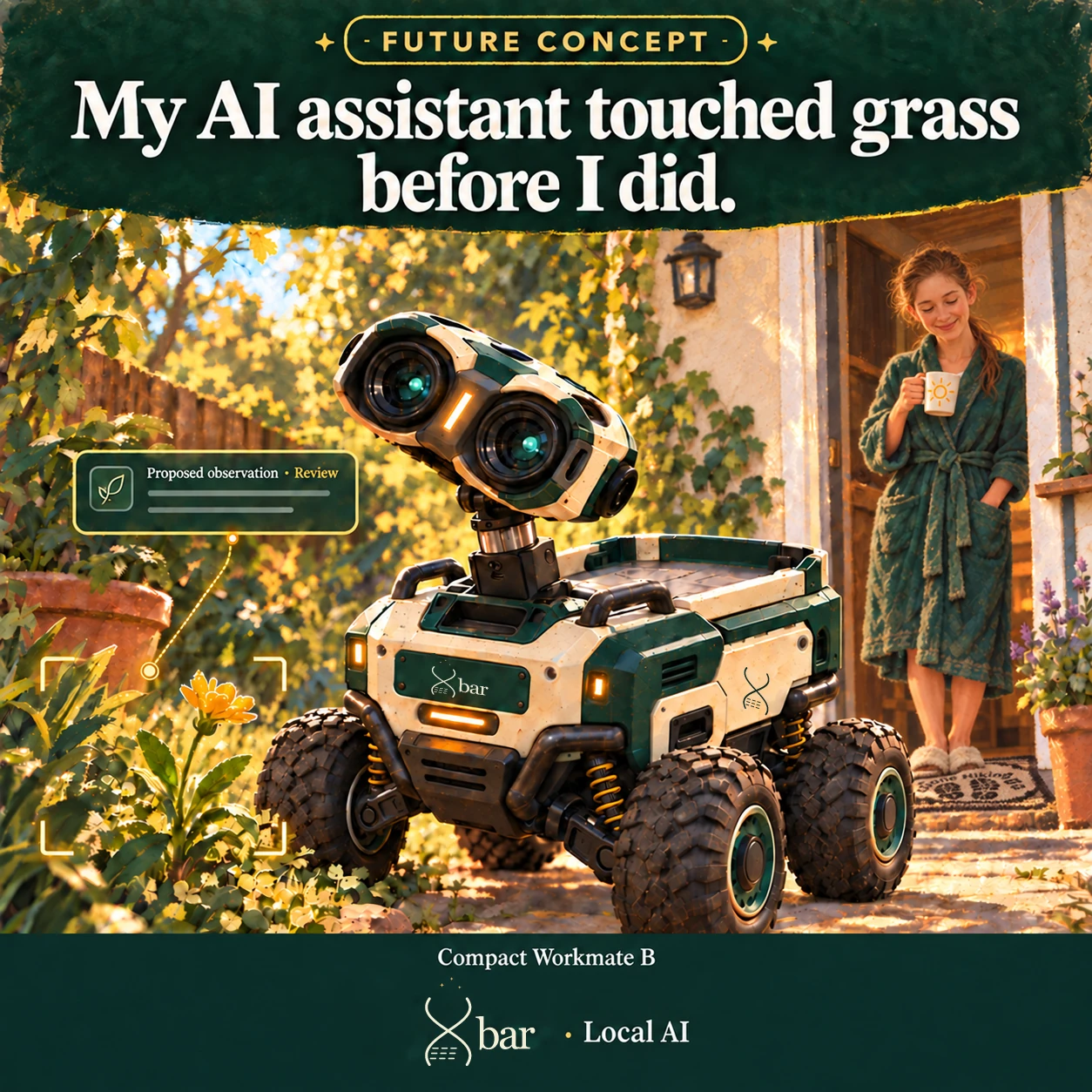 Future concept. An ivory-and-forest Compact Workmate B with binocular cameras, four wheels and an empty rear tray studies garden foliage. Gold brackets connect a flower to a card reading Proposed observation · Review. A painted likeness of Lyniece watches from the doorway, one hand holding a mug and the other in her robe pocket. A brown-and-cream crocheted Gone Hiking doormat lies naturally under her slippers. Headline: My AI assistant touched grass before I did. Footer: Compact Workmate B, full three-spark Xbar logo · Local AI.