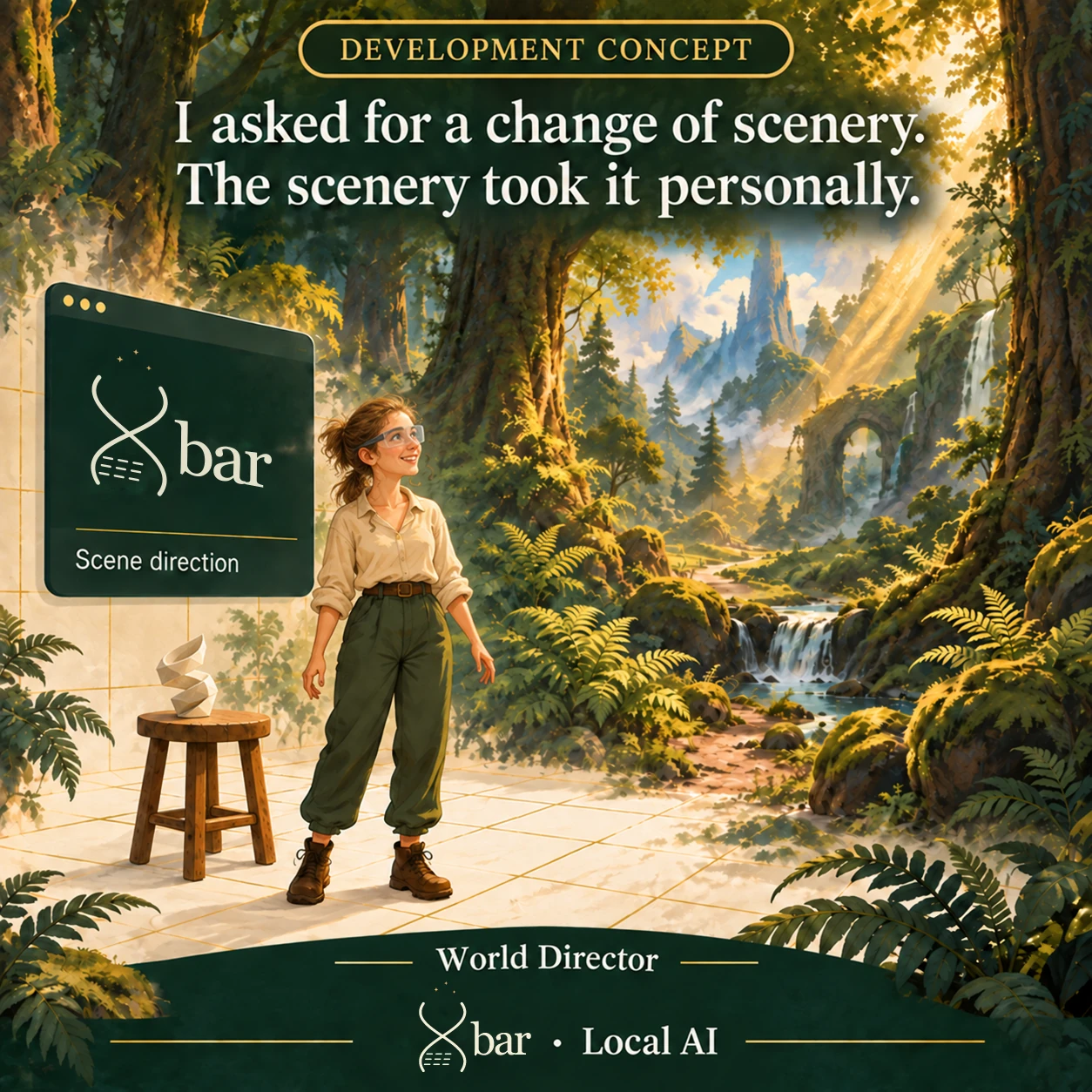 Development concept. A painted avatar resembling Lyniece wears a slim transparent AR headset and stands with two arms at her sides where an ivory grid room opens into an immense sunlit forest. An imagined Xbar panel reads Scene direction. A small, unbranded ivory spiral sculptural model rests on a simple stool. Headline: I asked for a change of scenery. The scenery took it personally. Footer: World Director and full three-spark Xbar logo · Local AI.