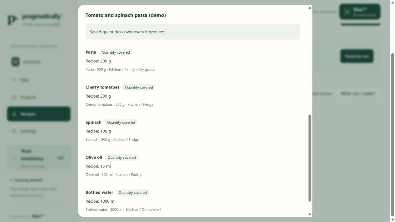 Pragmatically fictional demo: check saved ingredients.