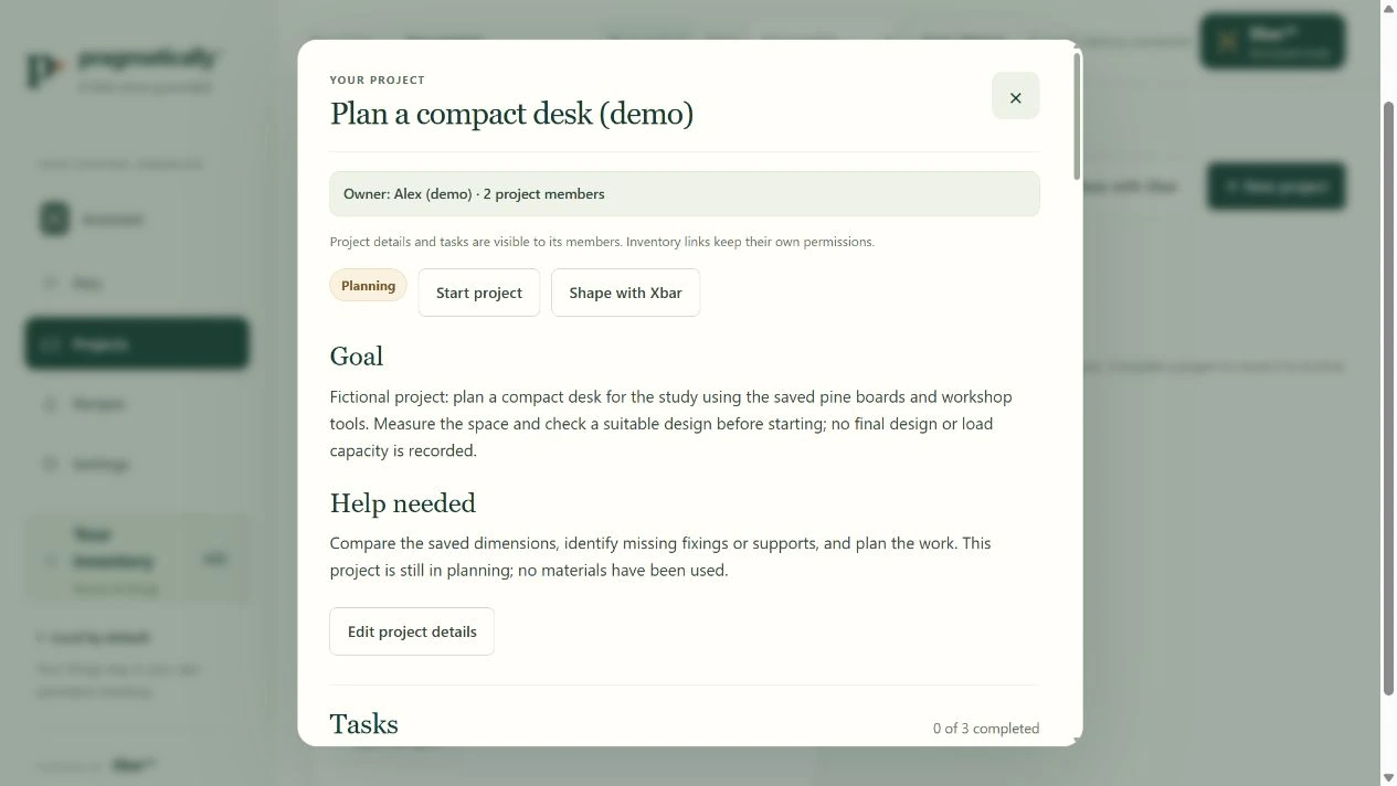 Pragmatically fictional demo: a shared desk project.
