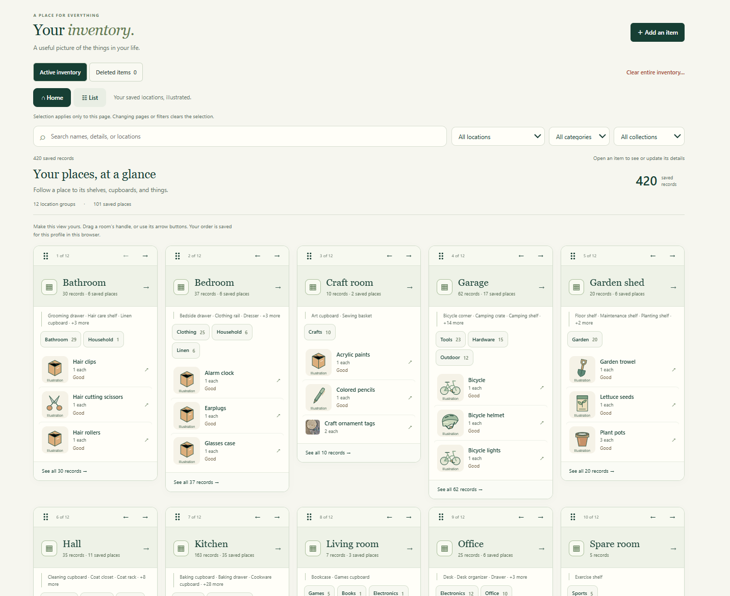 Pragmatically inventory interface showing saved rooms, locations and items