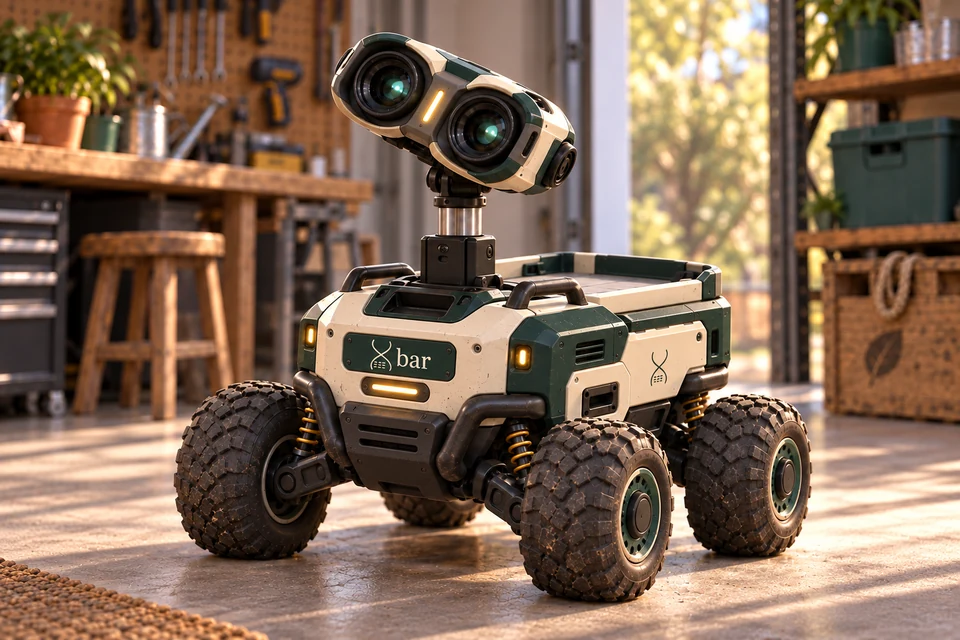 Compact Workmate robot concept with a tilted binocular head, rugged wheels, rear tray, ivory and forest-green panels, warm amber lights and the curved Xbar logo
