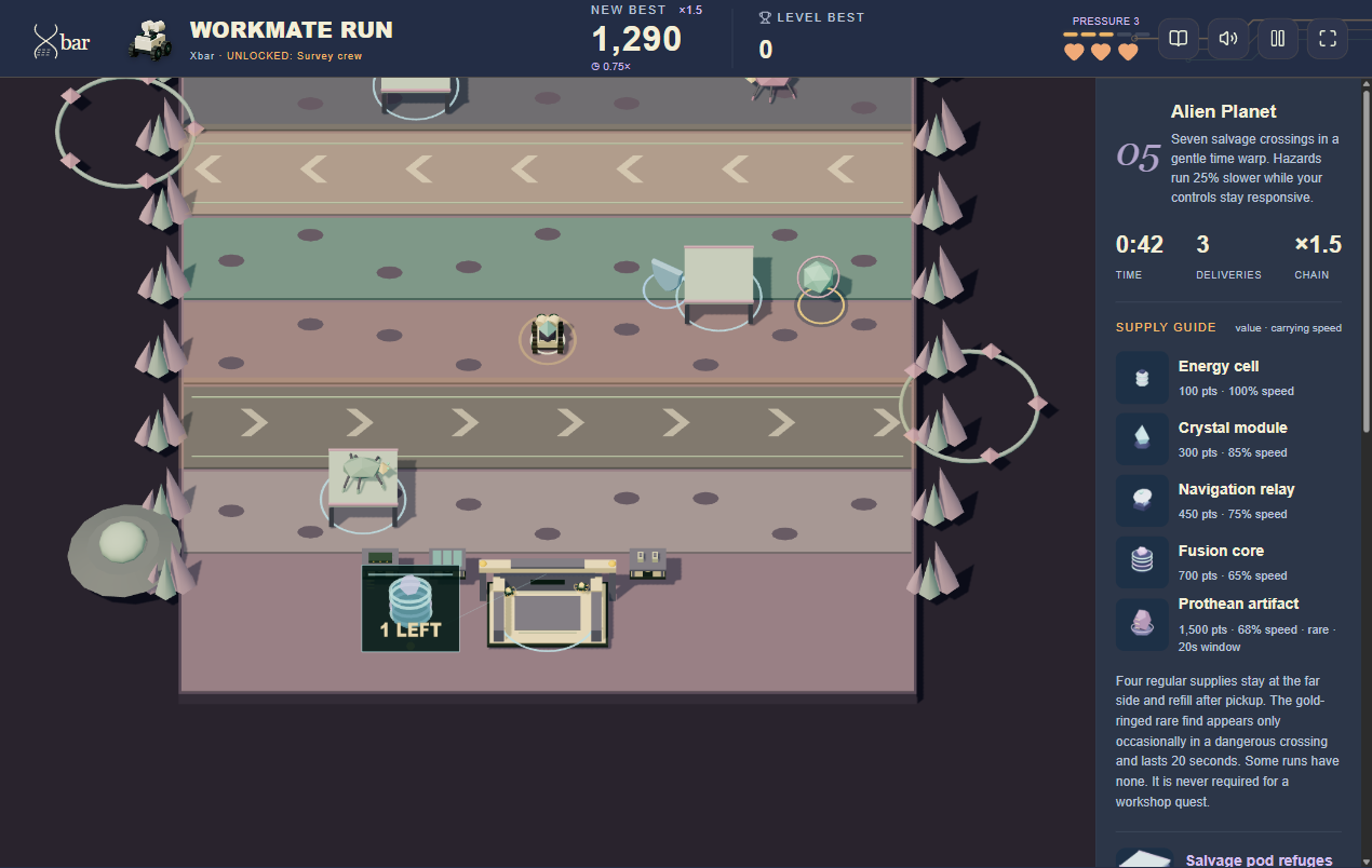 Workmate Run gameplay in the Alien environment with unfamiliar terrain and a time-warp challenge
