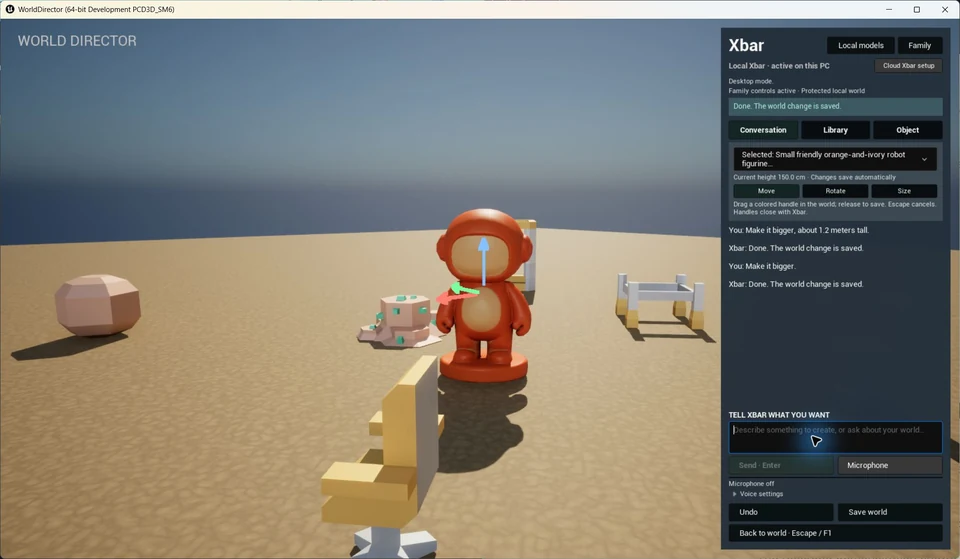 Xbar conversation showing Make it bigger and the saved result beside the enlarged robot