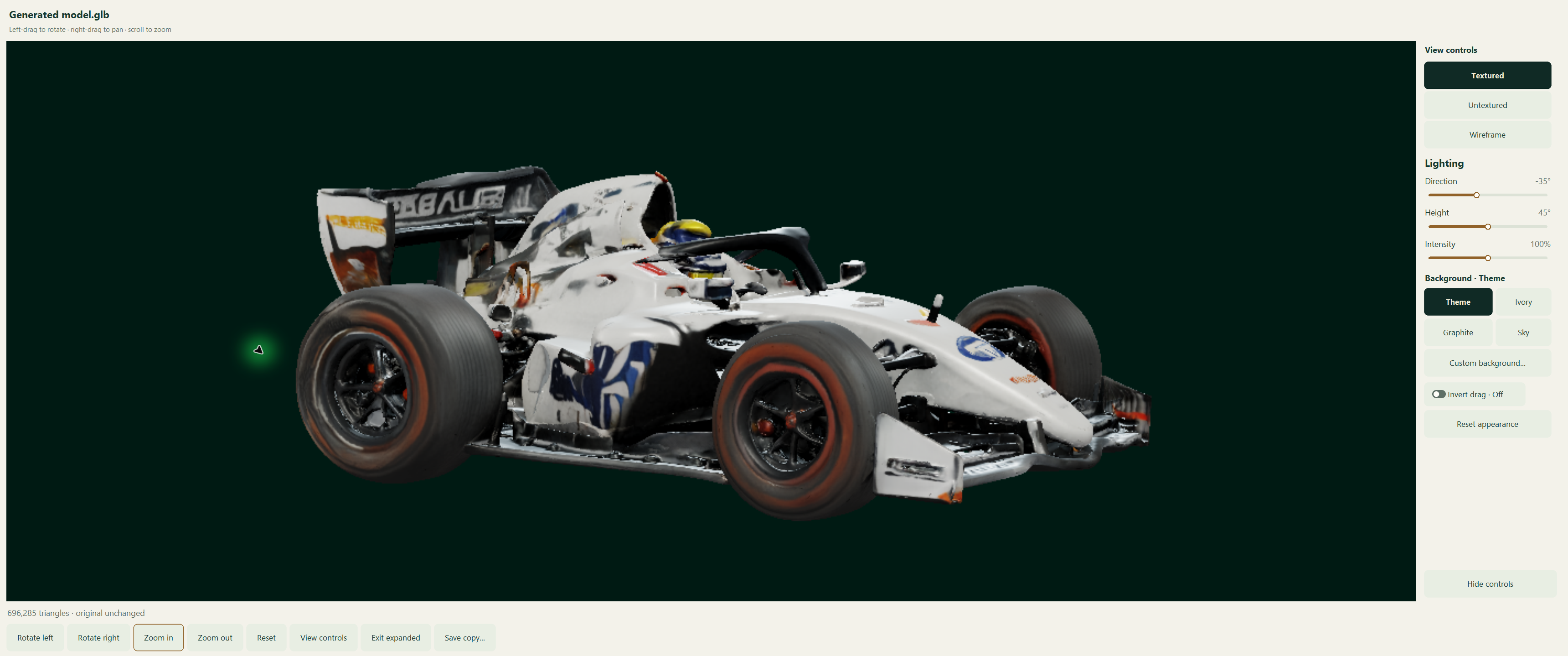 Xbar 3D viewer showing a racing-car model with display modes, lighting, background and rotation controls