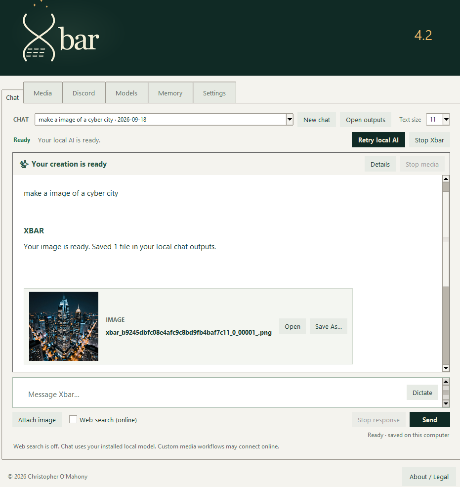 Xbar 4.2 shows a completed cyber-city image request, with a city thumbnail and Open and Save As controls in the chat. The response says one image was saved in local chat outputs.