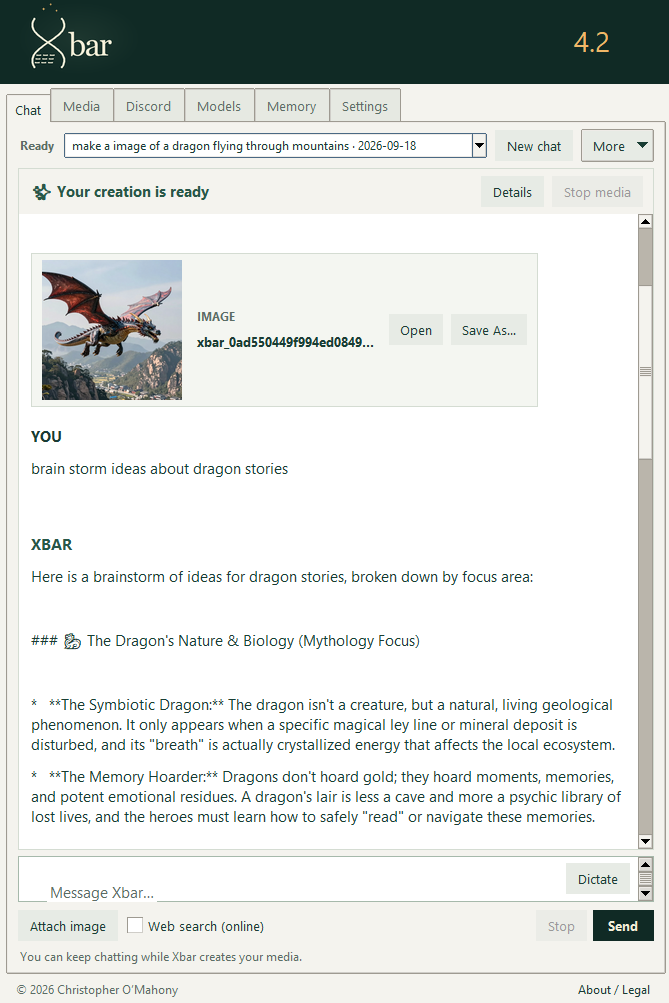 Xbar 4.2 displays a completed dragon image above a request to brainstorm dragon stories and a response with story ideas. The composer notice says you can keep chatting while Xbar creates your media.