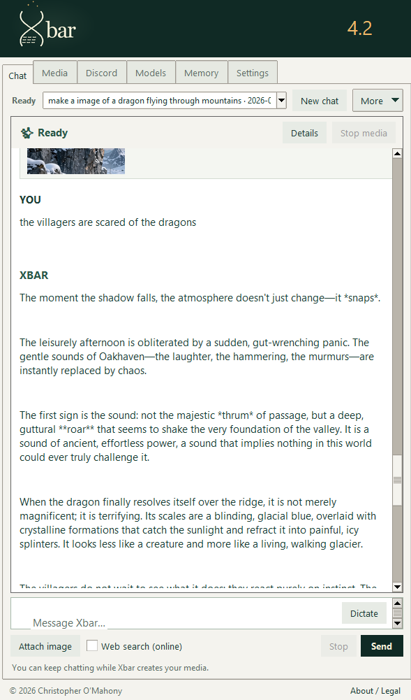 The user says the villagers are scared of the dragons. Xbar continues the scene with panic in Oakhaven and a glacial-blue dragon appearing over the ridge. The keep-chatting notice remains visible.